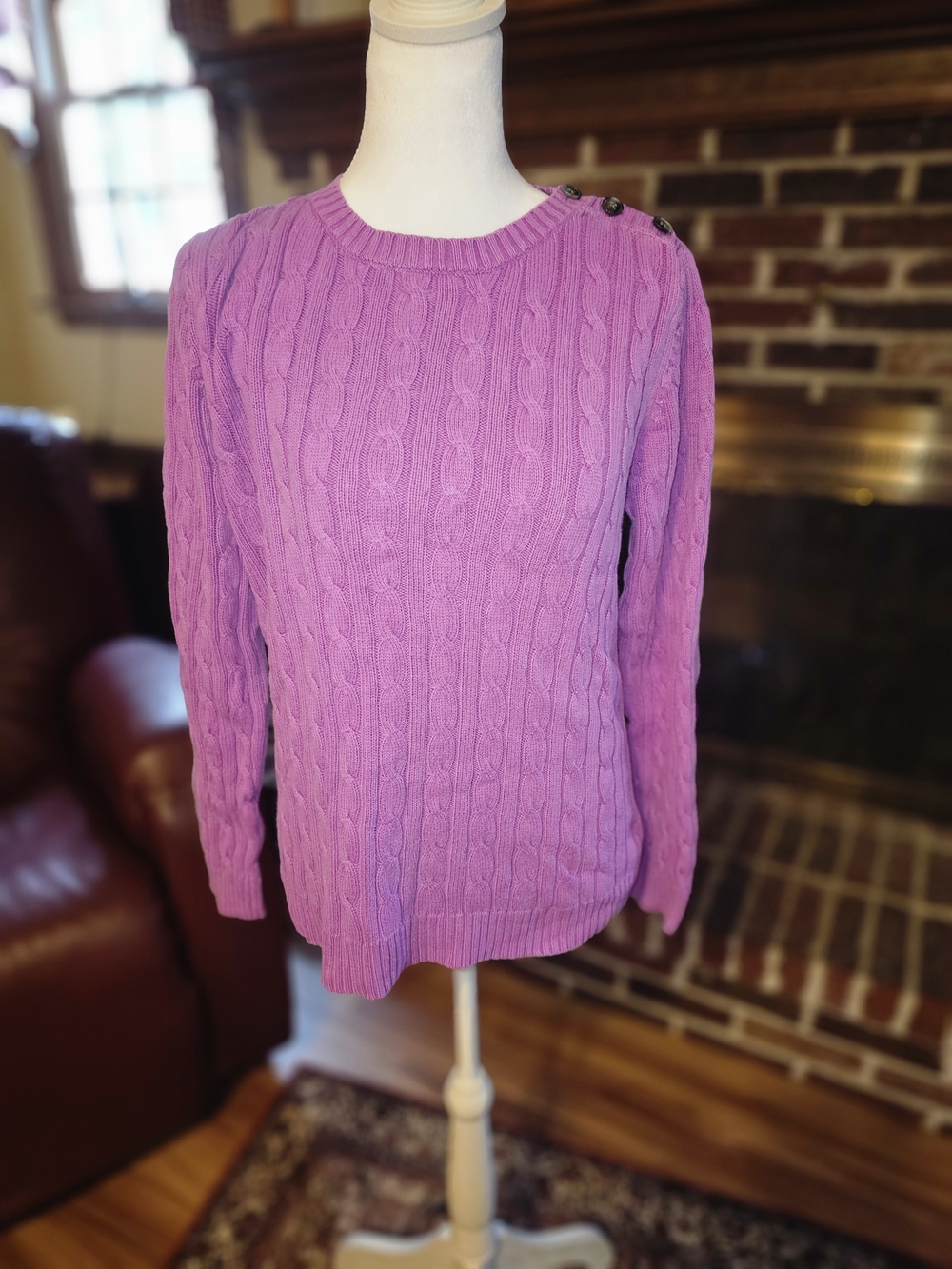 Croft & Barrow Purple Cable Knit Crewneck Sweater with Shoulder Buttons